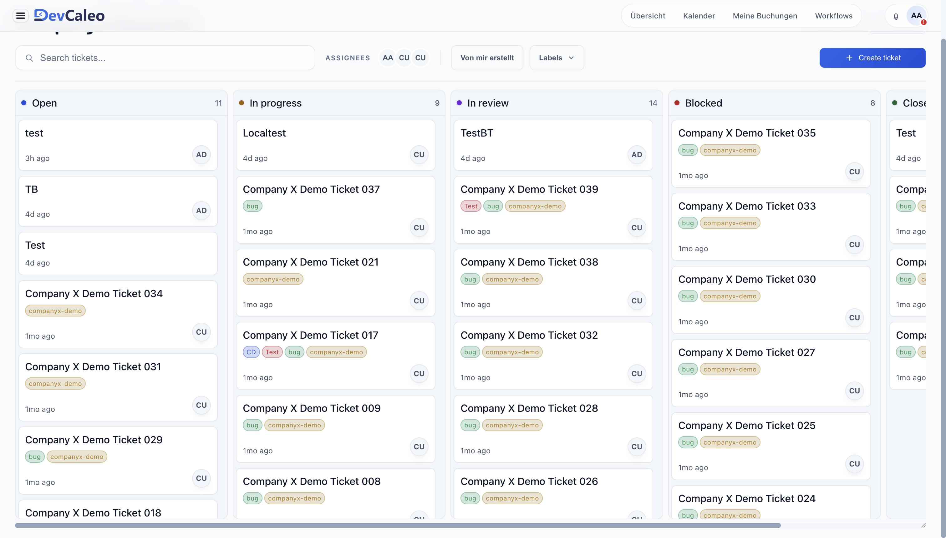 DevCaleo Ticket-Hub mit Filtern, Statusspalten und priorisierten Aufgaben