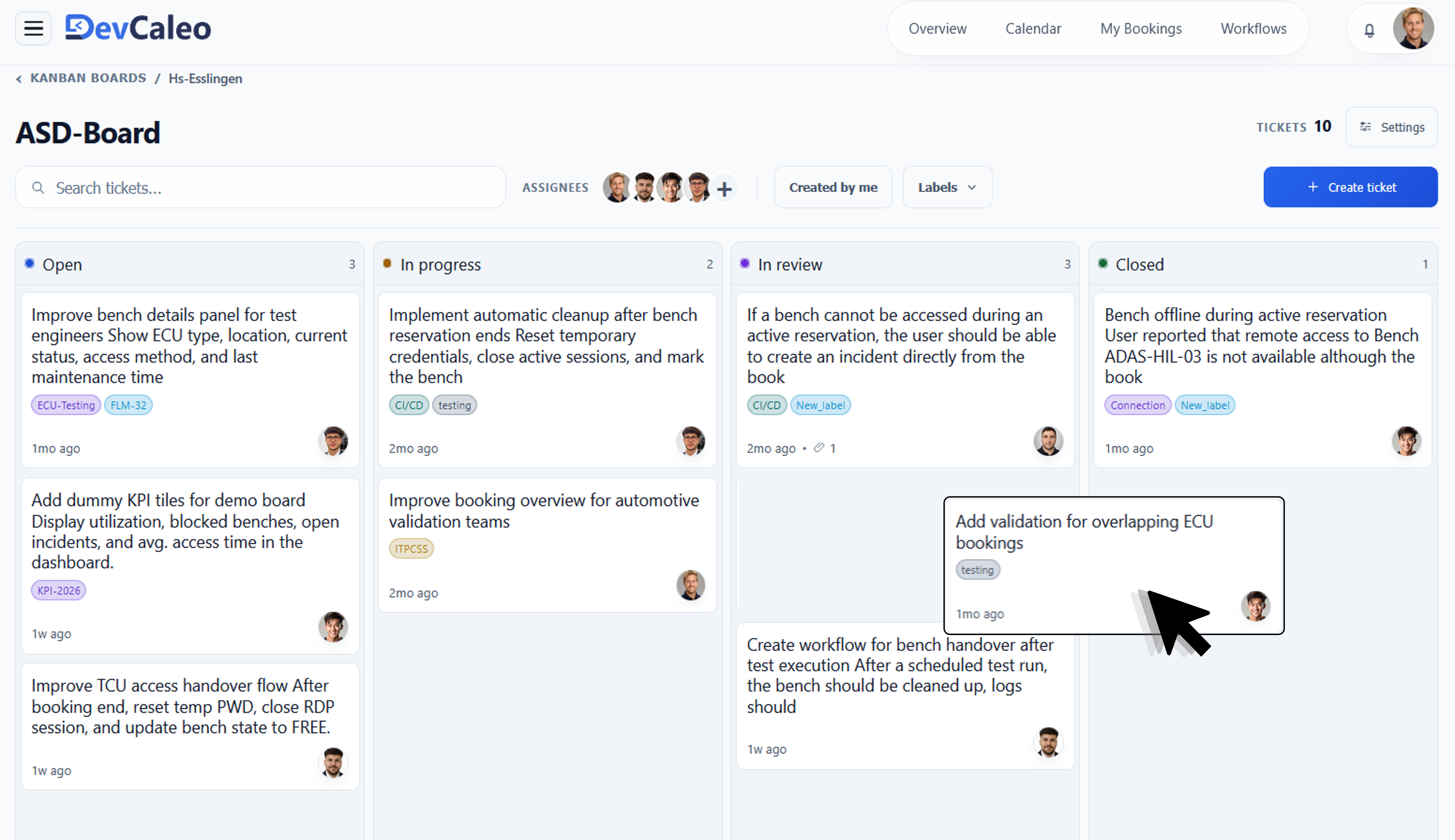 DevCaleo Kanban-Board fuer Tickets, Plattformstatus und operative Aufgaben