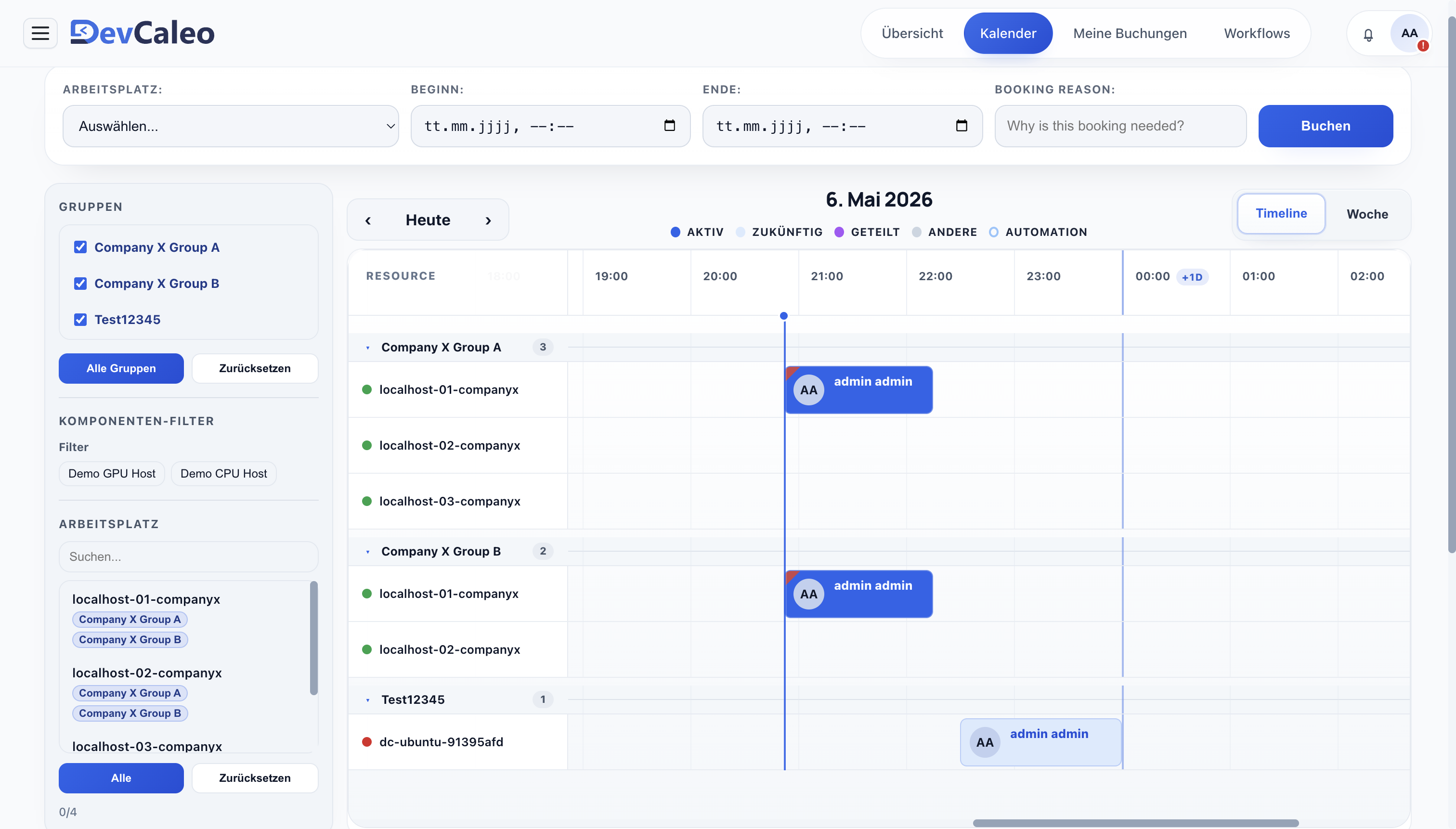 DevCaleo Kalender mit Zeitachse, Gruppenfiltern und Slot-Planung