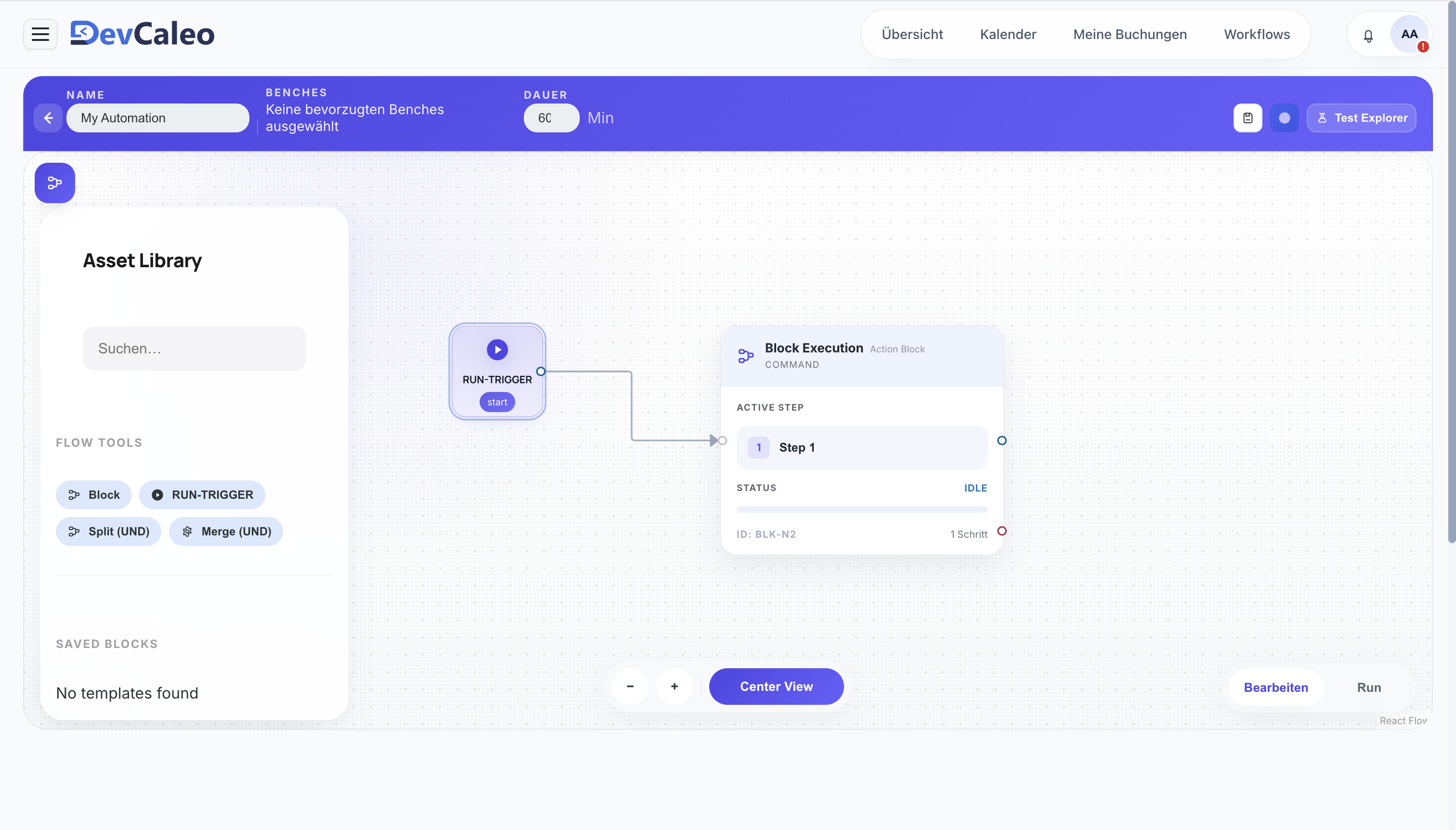 DevCaleo Workflow-Builder mit Bausteinen, Triggern und Automationslogik